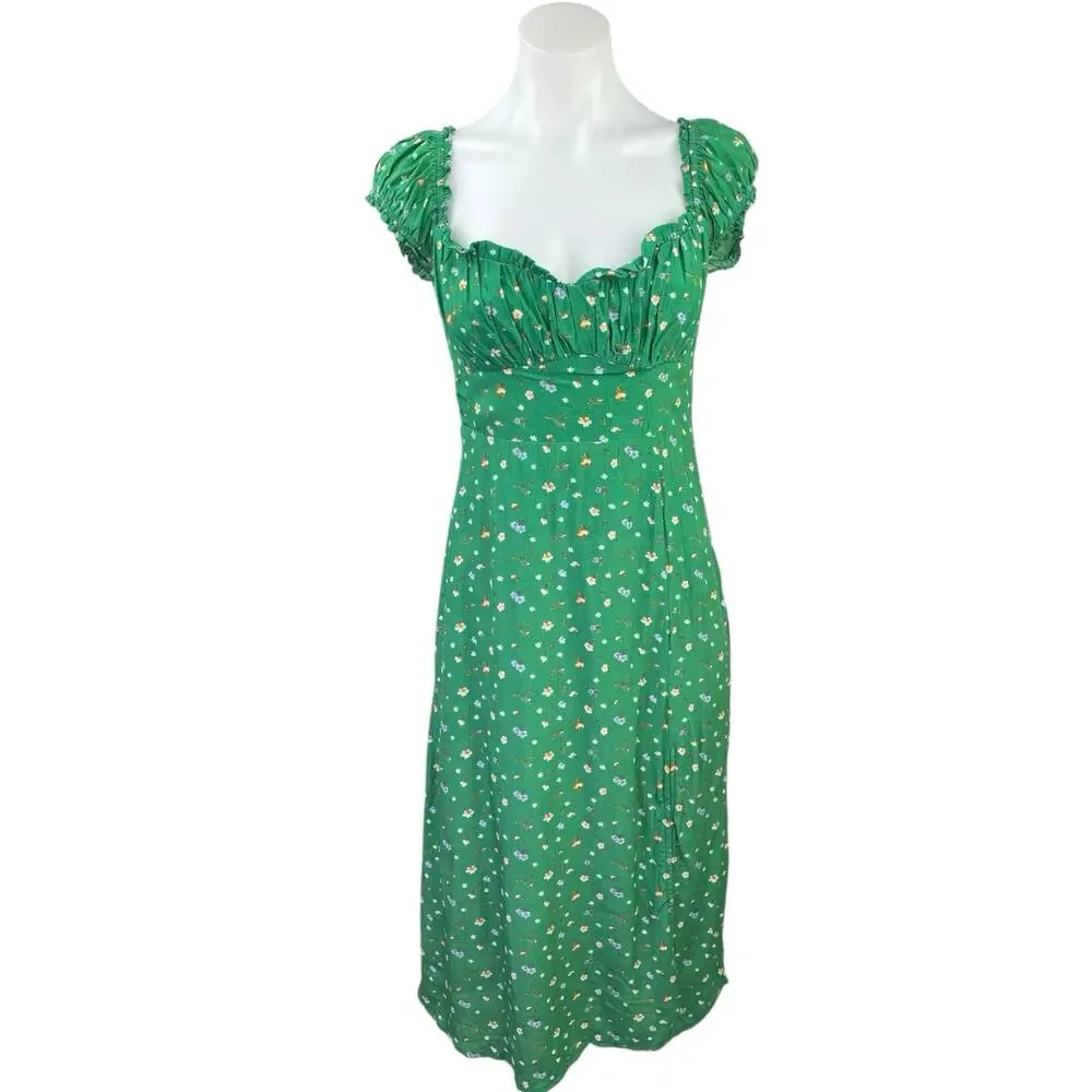 ASTR Green Keepsake Floral Ruffle Scoop Neck Puff Sleeve Smocked Midi Dress Sz S